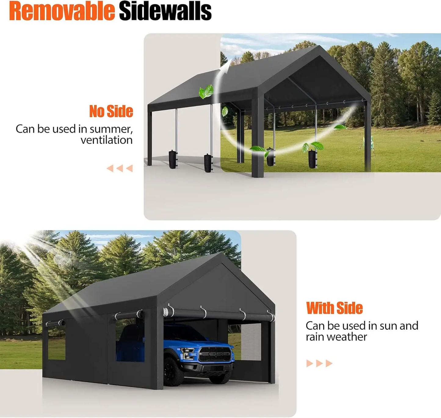 12x20 ft Heavy Duty Carport with Roll-up Windows, Portable Garage with Removable Sidewalls & Door
