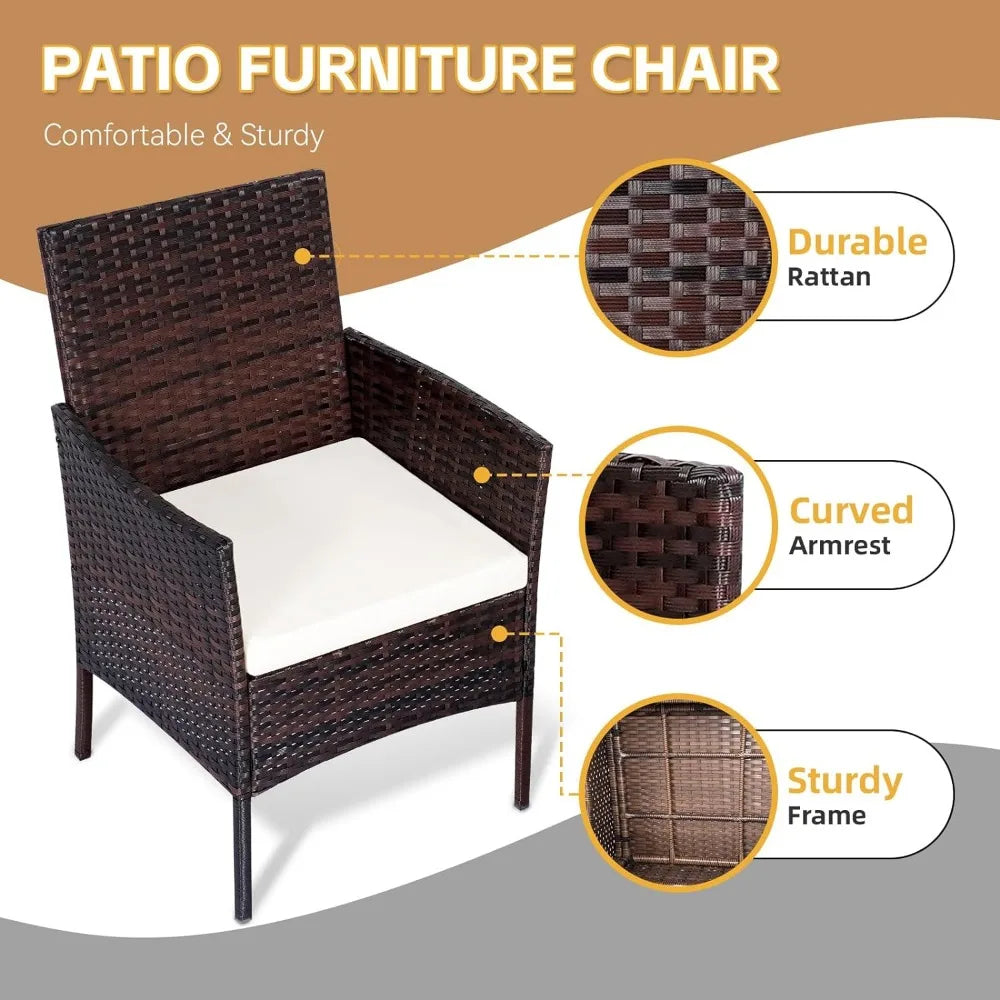 Patio Set 3 Piece Outdoor Rattan Porch Furniture w/Tempered Glass Side Table & Cushion All Weather