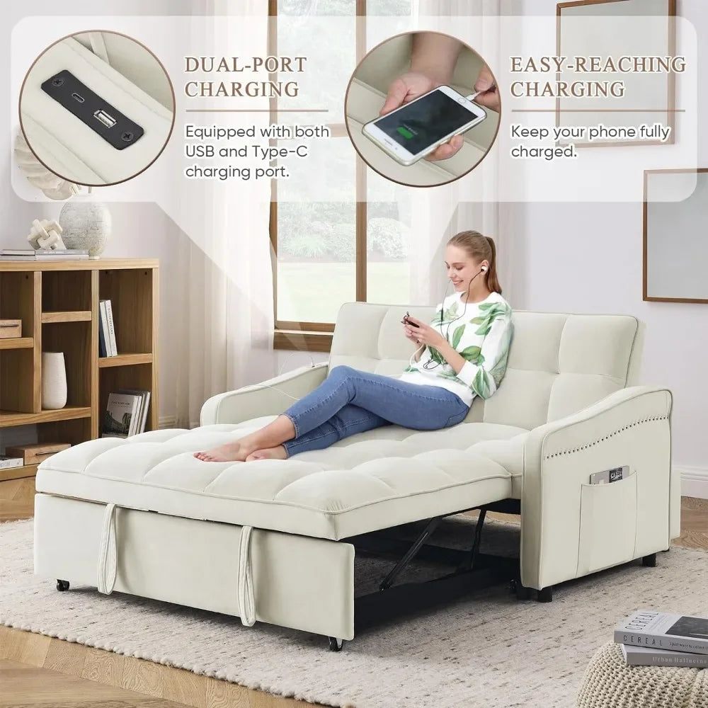 3 in 1 Sleeper Sofa Couch Bed w/USB & Type C Port, 52" Small Modern Loveseat Sofa w/Pull Out Bed