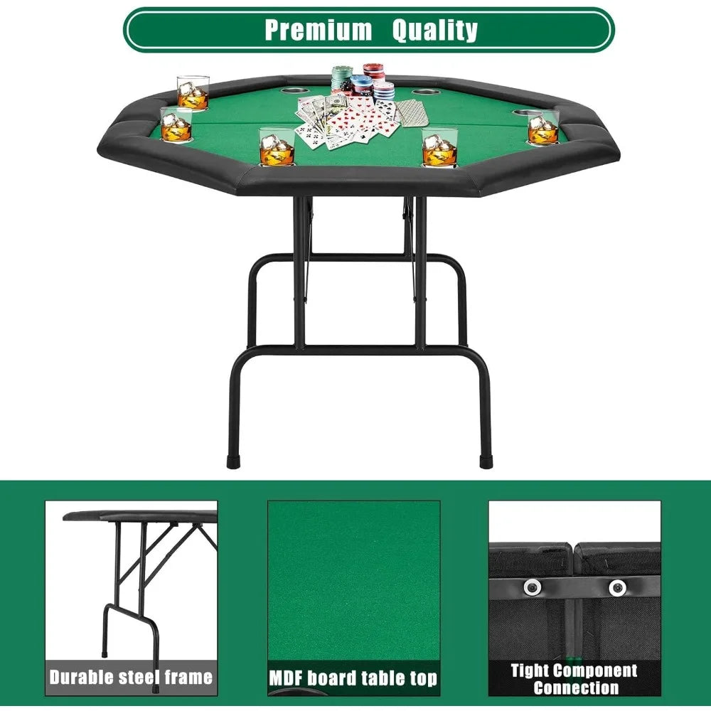 Game Poker Table w/Stainless Steel Cup Holder for 8 Player with Green Felt