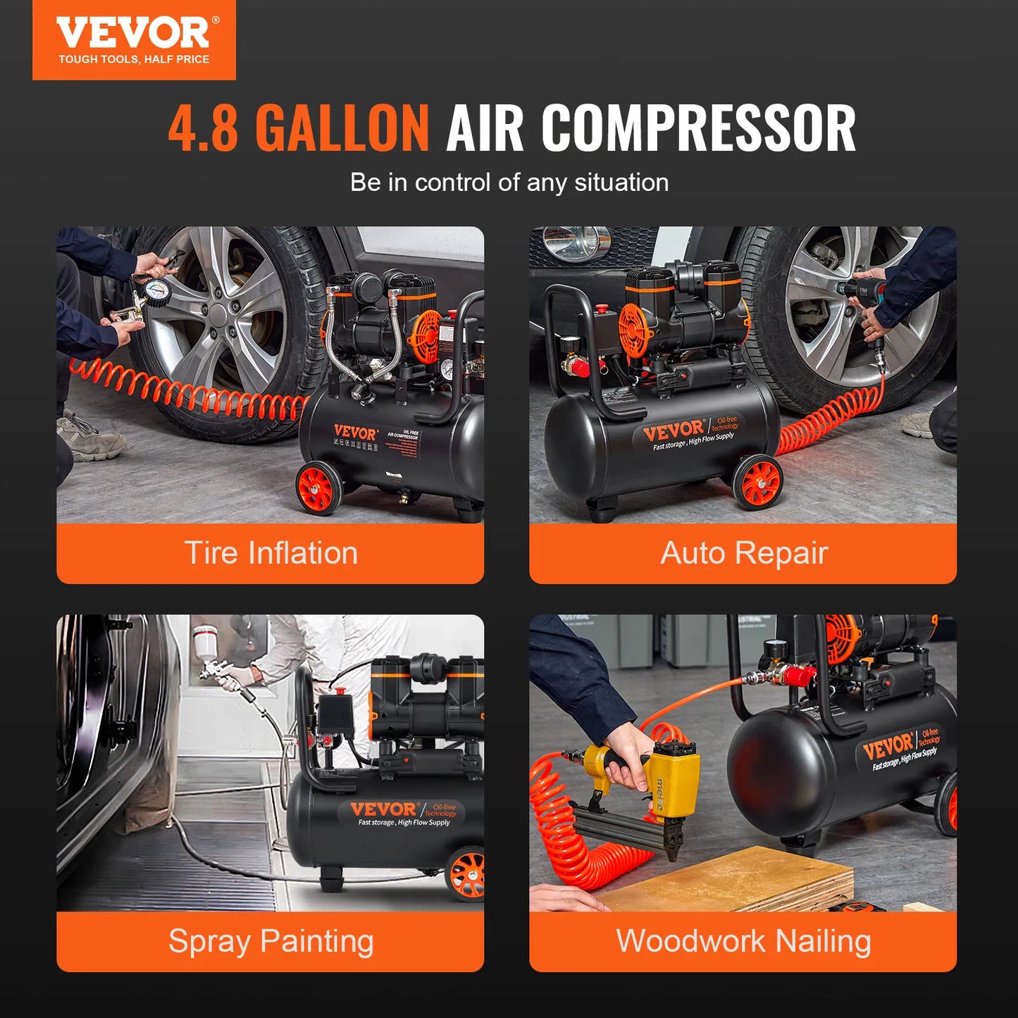 VEVOR 4.8 Gallon Air Compressor 1.2HP Oil Free Compressor, Tire Inflation Spray Painting, Nailing