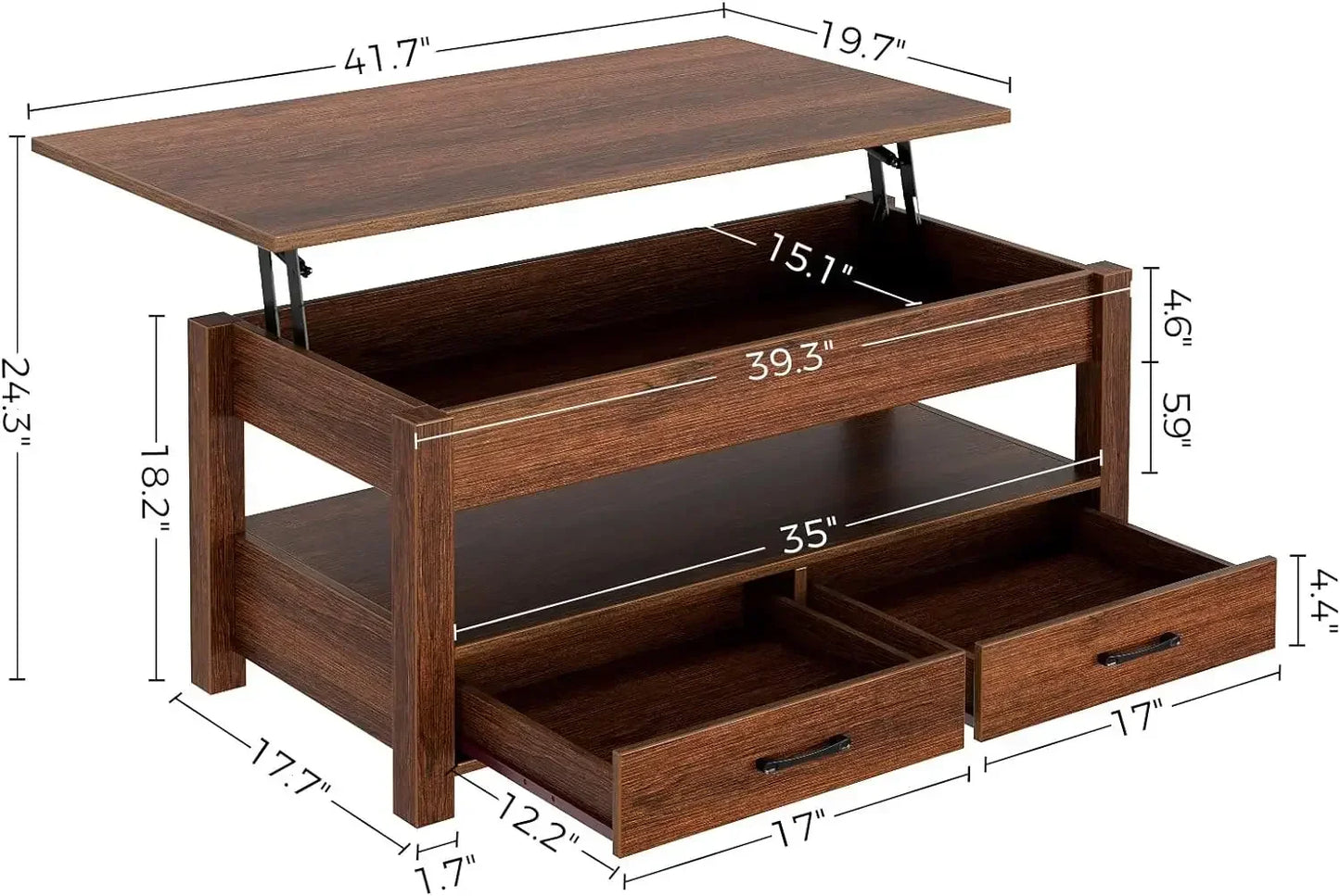 Coffee Table, Lift Top Coffee Table with Drawers and Hidden Compartment, Retro Central Table