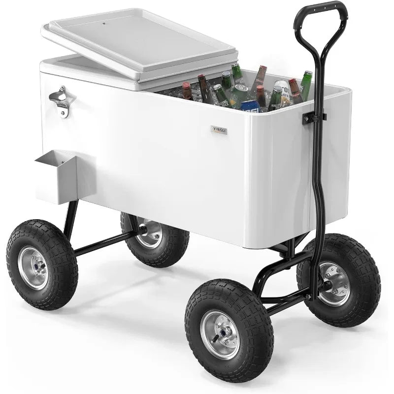 VINGLI 80 Quart Wagon Rolling Cooler Ice Chest, w/Long Handle and 10" Wheels