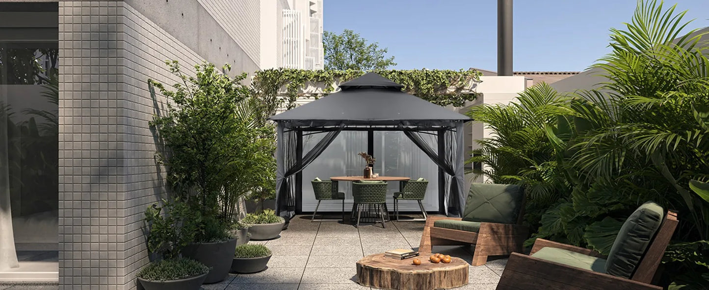 Garden Gazebo for Patios with Stable Steel Frame and Netting Walls (10x10, Black),