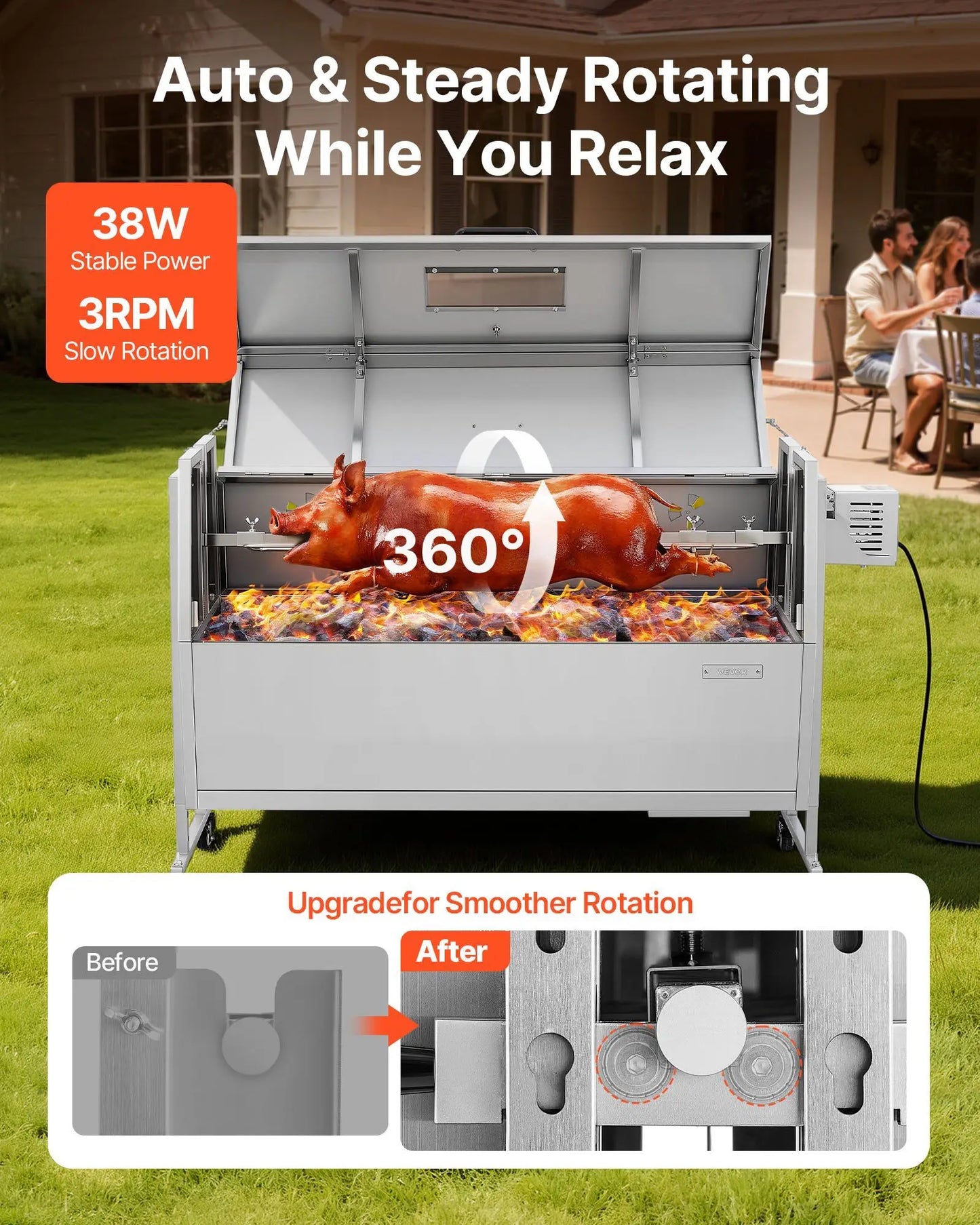 VEVOR Rotisserie Grill, 38W BBQ Pig & Lamb Spit Roaster, Charcoal Spit Roaster/132 LBS/4-Level Height