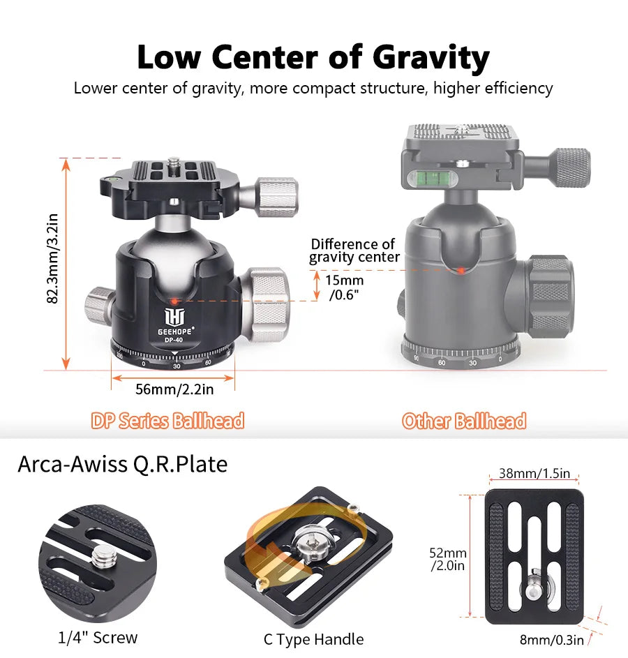 Geehope DP-40 40mm CNC 360° Panoramic Ballhead Low Gravity Center Tripod Head DSLR Camera Camcorder