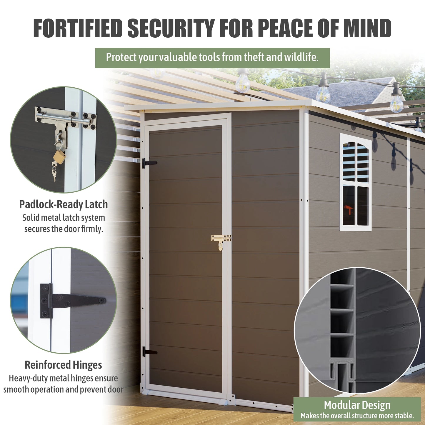 4x10 FT Gray Plastic Outdoor Storage Shed Metal Roof Two Clear Windows for Bicycles Trash Bins