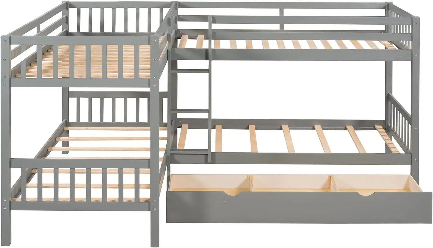 Wooden L Shaped Twin Quad Bunk Bed/Storage Drawers Space-Saving Corner L-Shaped Quadruple 4 Twin Bed