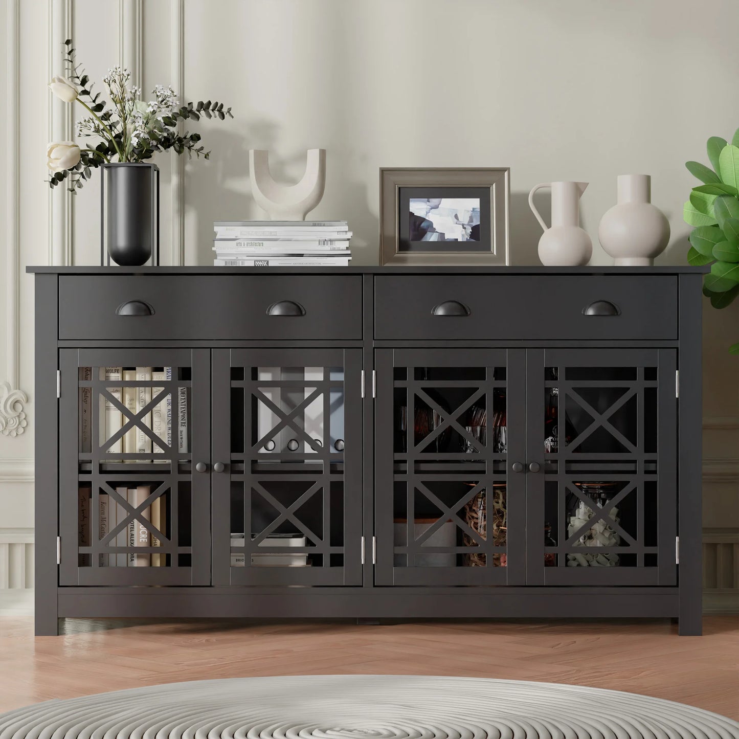 Modern Buffet Cabinet w/Drawers, Wood Sideboard Buffet Cabinet w/4 Acrylic Glass Doors