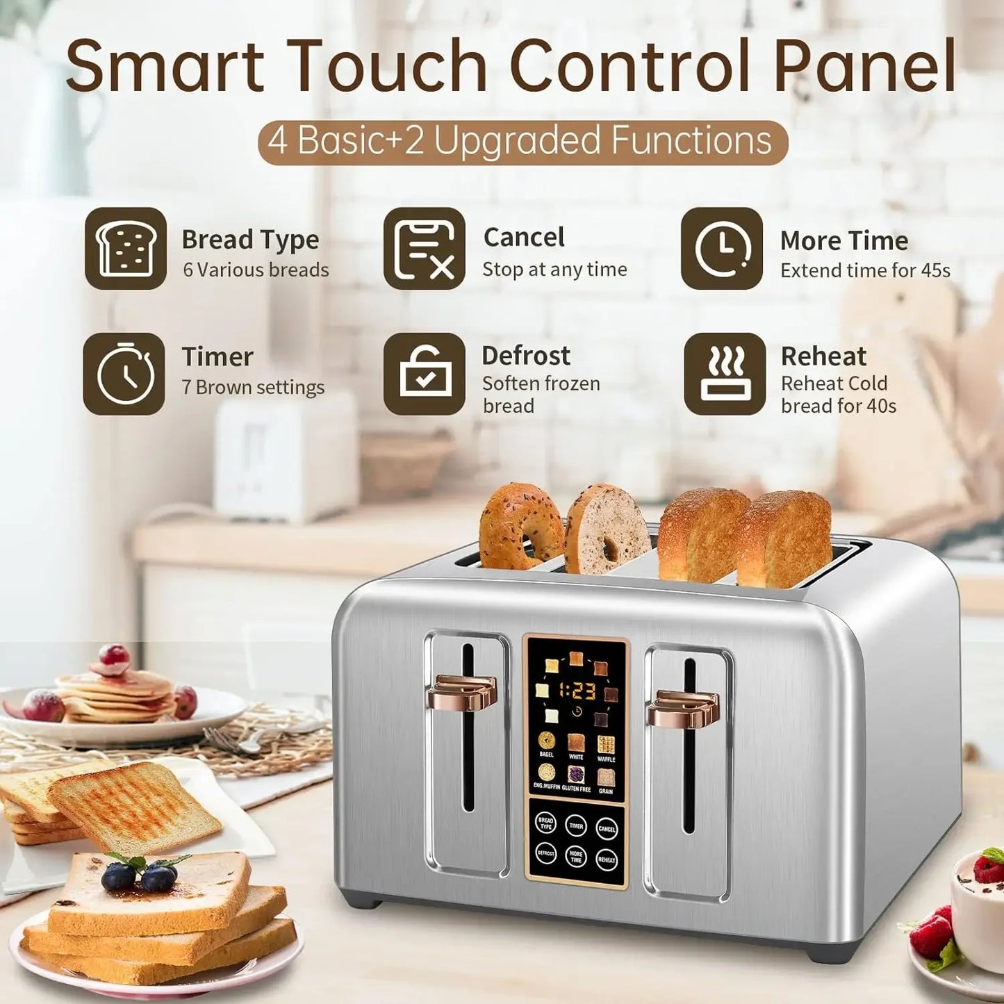 Toaster 4 Slice, Stainless LCD Display, Touch Button, 6 Bread Selection, 7 Shade Setting 1.4'' SlotS