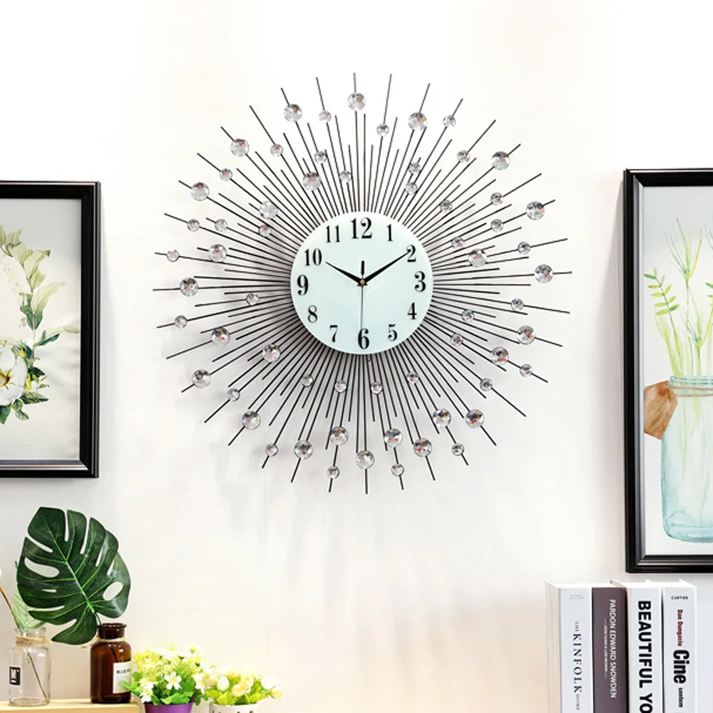 3D Large Metal Sunburst Wall Clock, Luxury Round Diamond Design, Battery Operated,Silent Non-Ticking