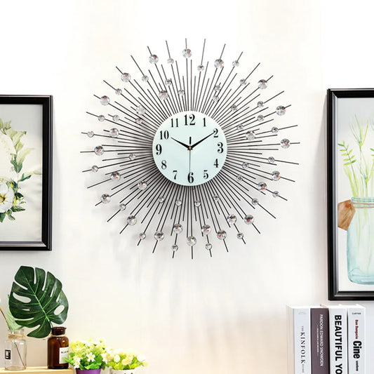 3D Large Metal Sunburst Wall Clock, Luxury Round Diamond Design, Battery Operated,Silent Non-Ticking