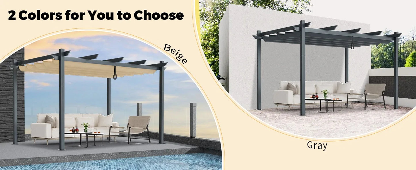 10x13 Ft Pergola,Aluminum Pergola w/ Retractable Sun Shade Canopy,Metal Pergola Structure