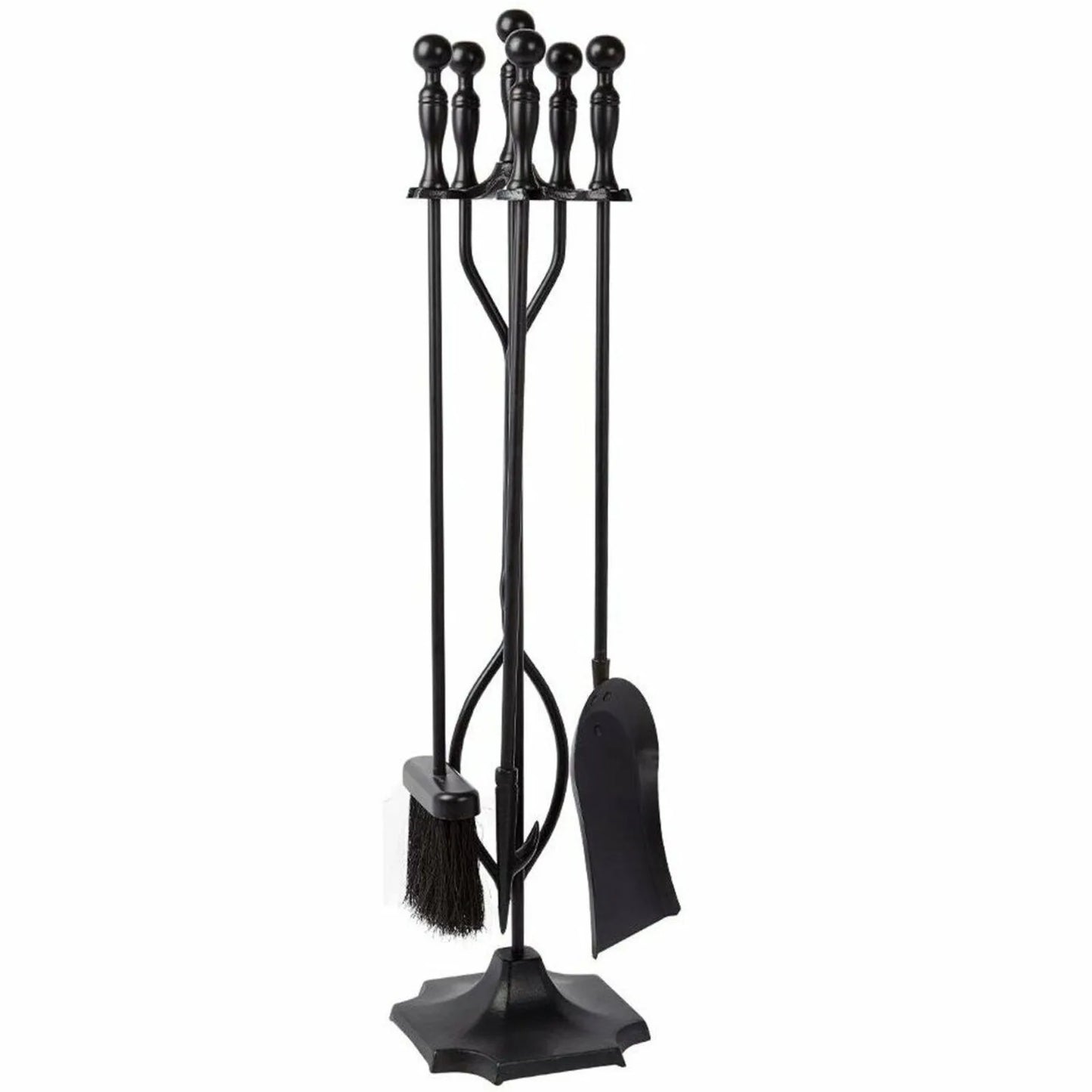 US Black Wrought Iron Fireplace Fire Pit Tool Set 5 Piece Poker Shovel Brush