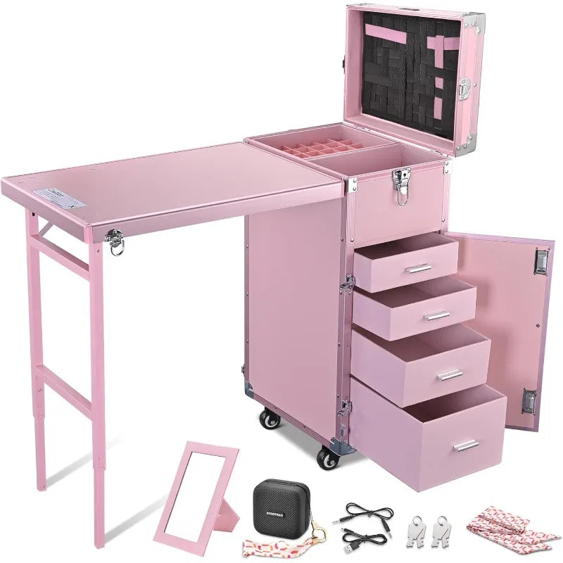 Rolling Manicure Table Foldable Nail Table Makeup Train Case with Desk Cosmetic Trolley