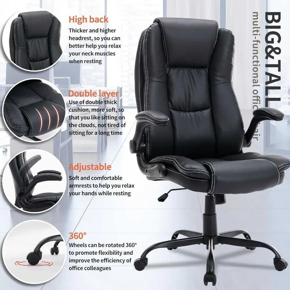 Leather Executive Office Chair, Ergonomic Home Office Desk Chair with Flip-up Arms and Back Support