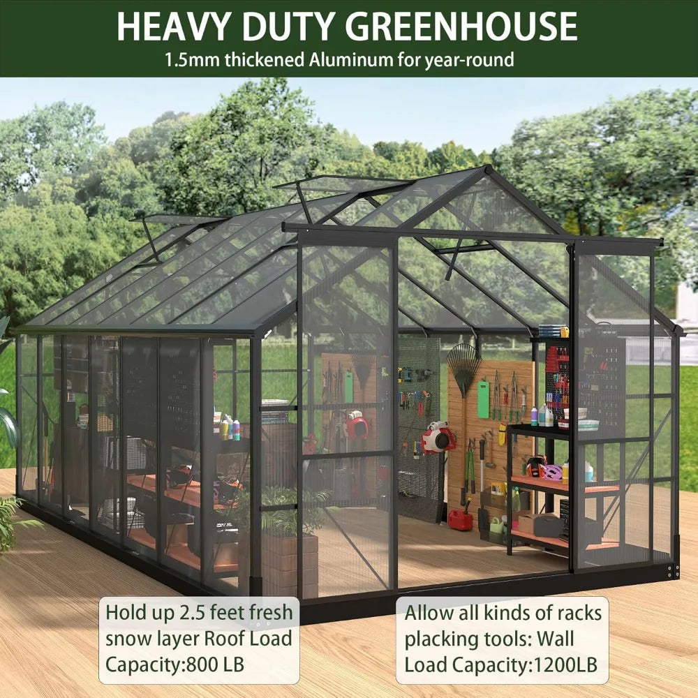 Greenhouse 8x16 ft polycarbonate greenhouse w/4 adjustable roof vents, walk-in aluminum frame