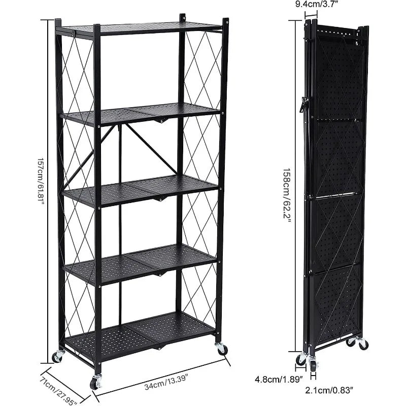 5-Tier Heavy Duty Foldable Metal Rack Storage Shelving Unit with Wheels Moving Easily Organizer