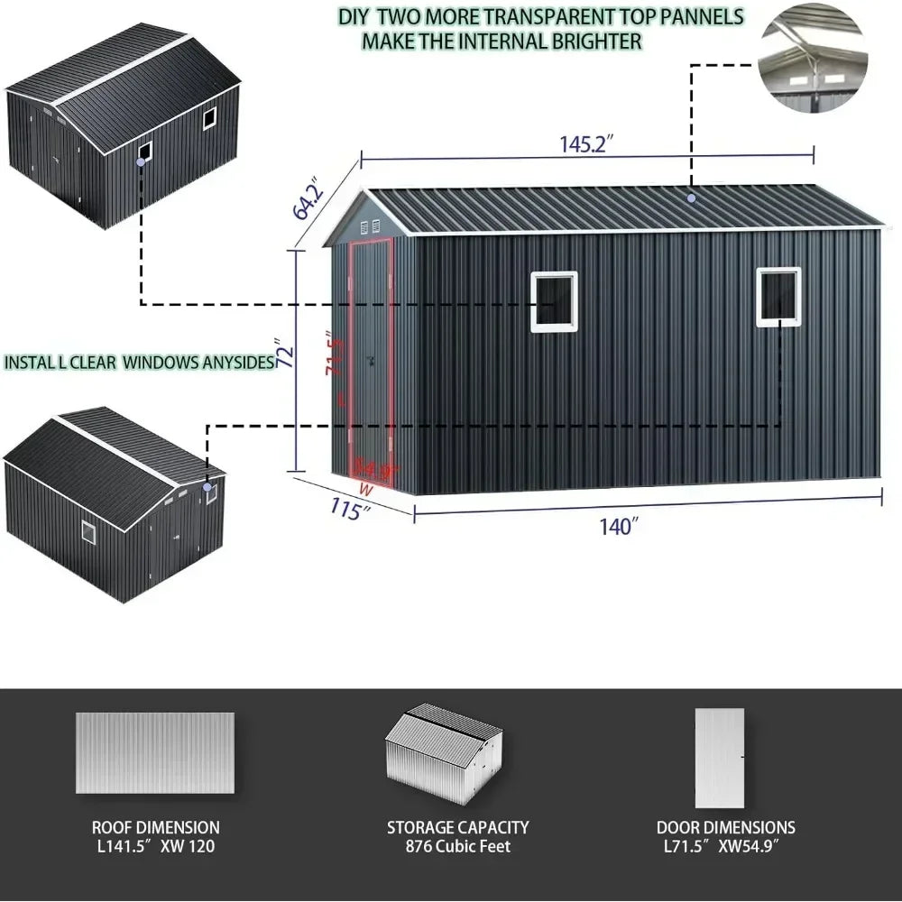 10X12X7.5 FT outdoor steel storage shed with lockable doors