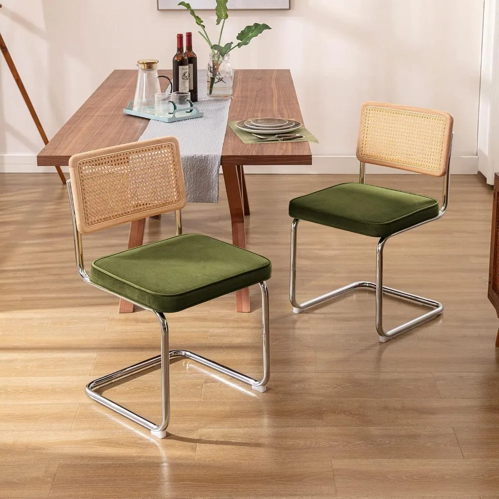 Mid Century Modern Dining Chairs , Velvet Accent w/Natural Cane Back & Stainless Chrome Base 2 SET