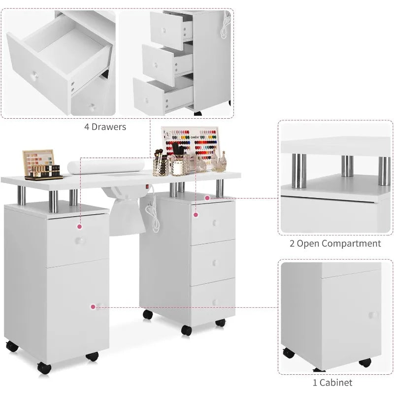 Manicure Table Desk for Tech, Table Station w/Electric Dust Collector, Makeup Storage