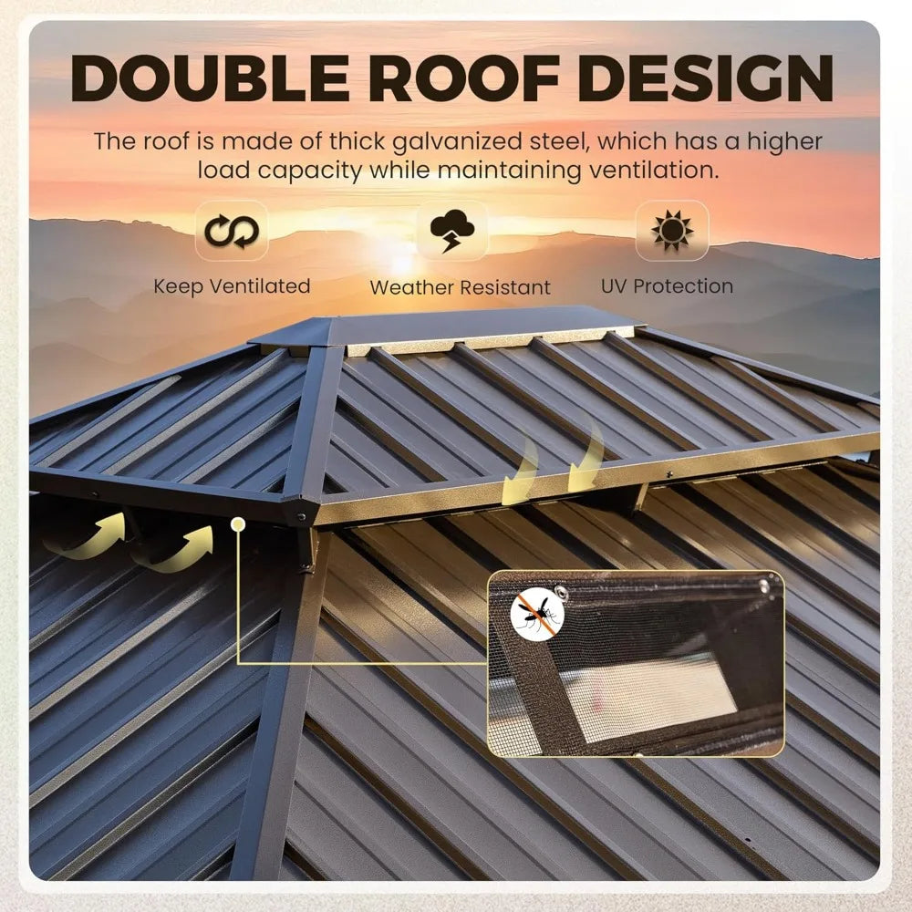 10' x 10' Gazebo Hardtop w/Aluminum Frame,Galvanized Steel Double Roof Gazebos w/Curtain and Netting