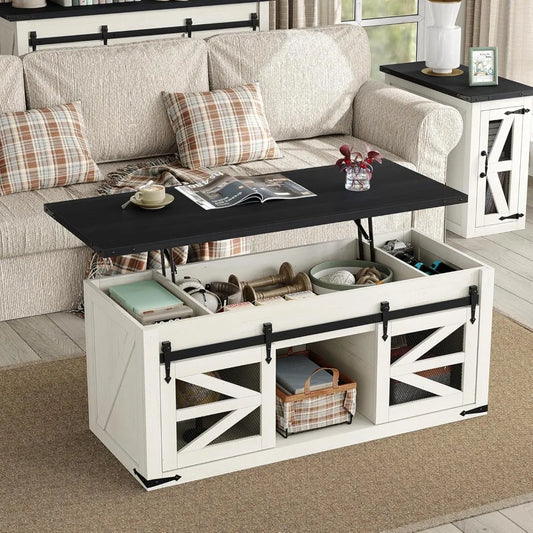 47.3FT Lift Top Coffee Table w/Barn Door, Center Table w/Storage, Modern Antique Rectangular