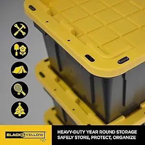 Black&Yellow 17-Gal Heavy Duty Tough Storage Container&Snap-Tight Lid,(12.5”Hx18”Wx26.9”D), [4 Pack]