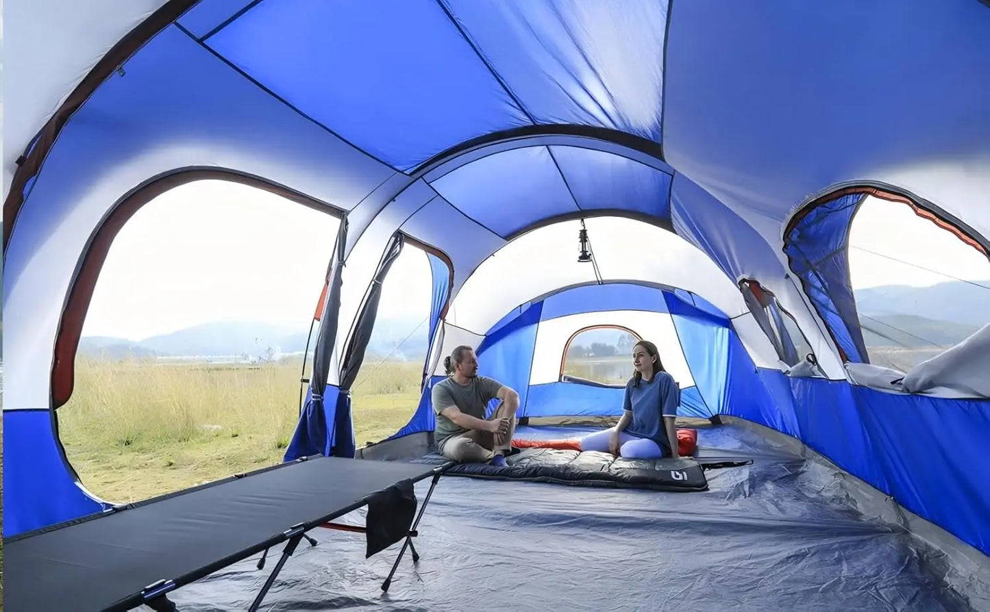 12-Person Family Camping Tent, Waterproof Windproof, 3 Rooms, Carry Bag - 20' x 9' x 72"