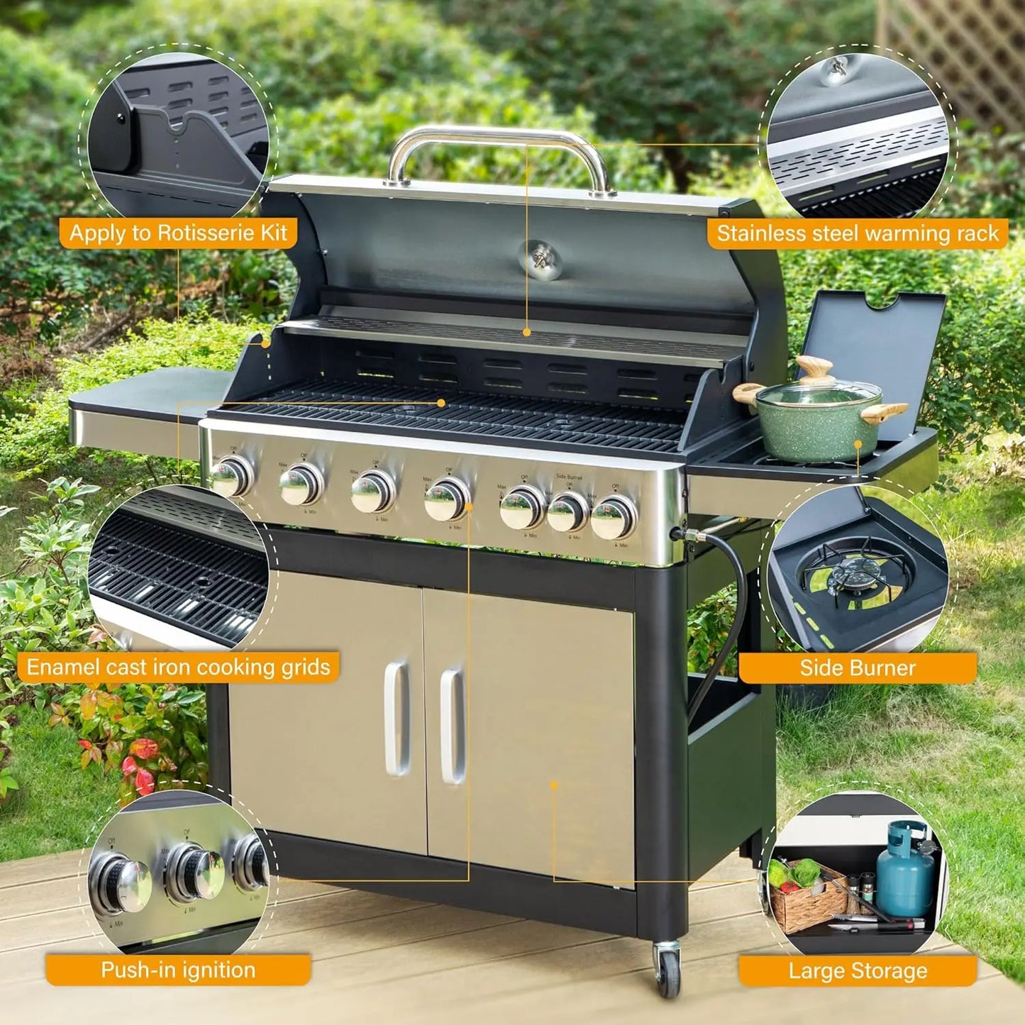 7 Burners Propane Gas BBQ Grill/Side Burner/Enameled Cast Iron Grates 65,800 BTU Stainless Steel