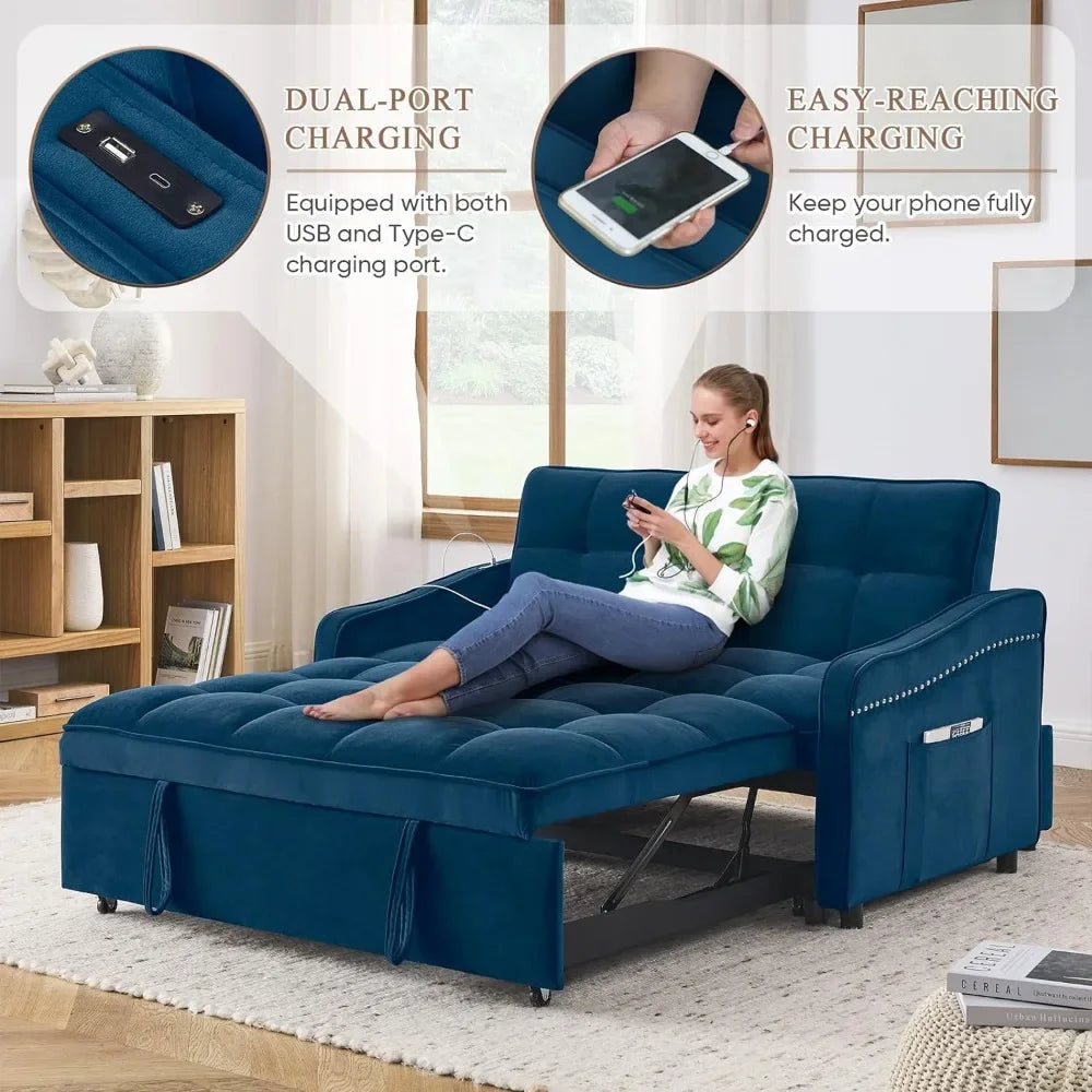 3 in 1 Sleeper Sofa Couch Bed w/USB & Type C Port, 52" Small Modern Loveseat Sofa w/Pull Out Bed