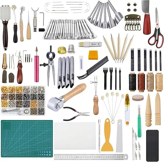 Leather Crafting Kit with Tools, Stamping, Waxed Thread Groover, Awl, and Stitching Supplies