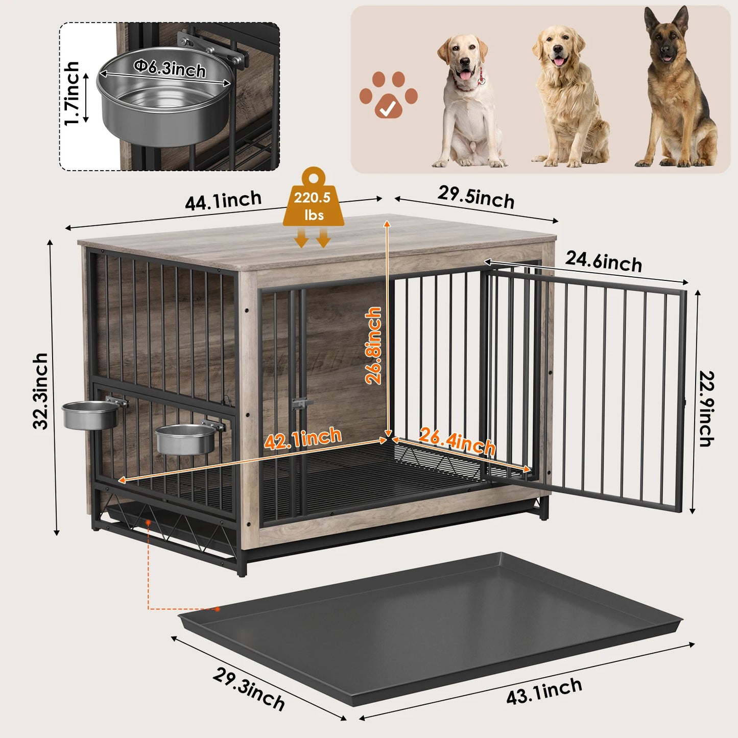 Furniture Style Dog Crate,Wooden Heavy Duty/ Raised Feeder/Dogs 2 Stainless Steel Bowls Brown/Gray