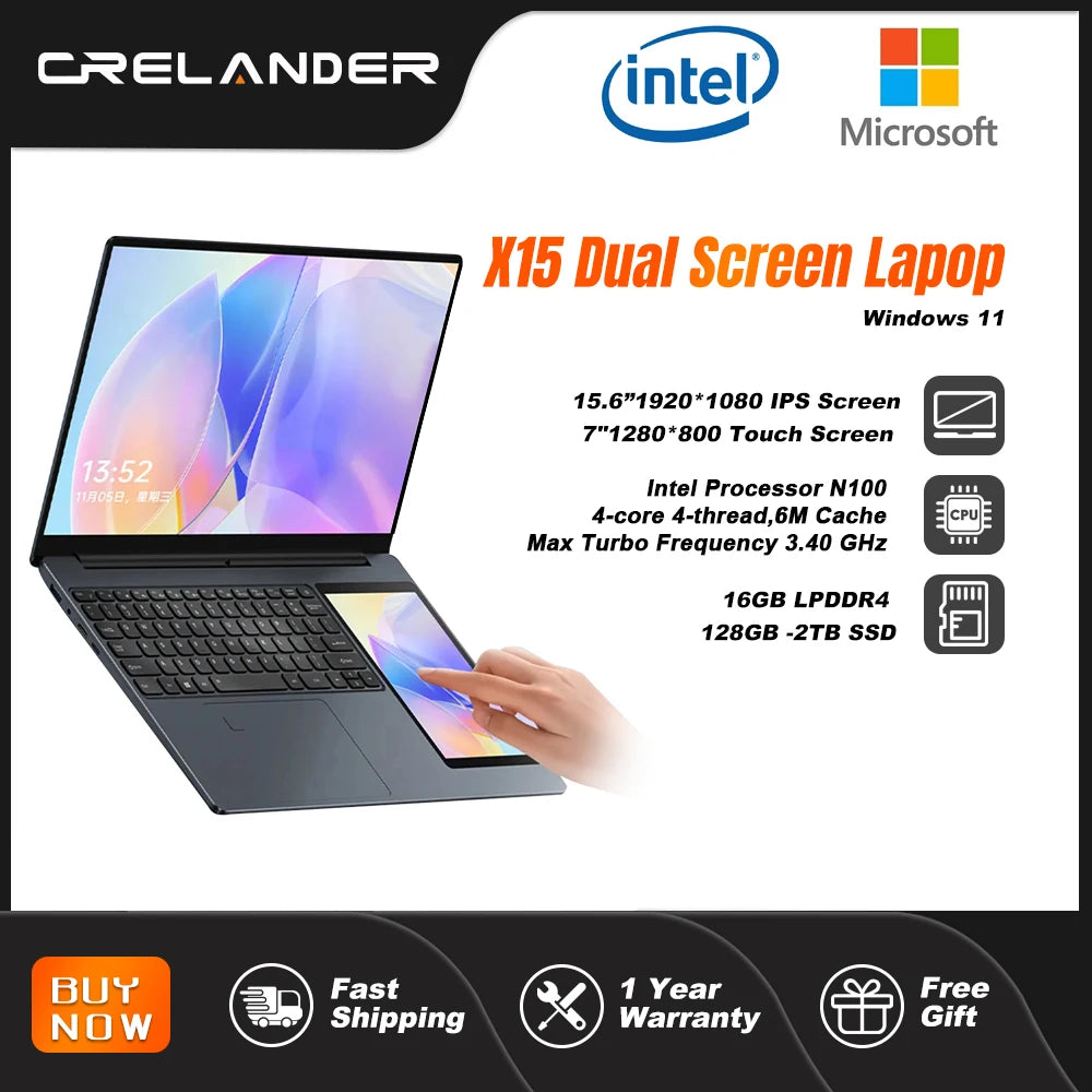 CRELANDER X15 Dual Screen Laptop 15.6" IPS+7" Touch Screen 16G DDR4 2TB SSD Intel N100 Windows11