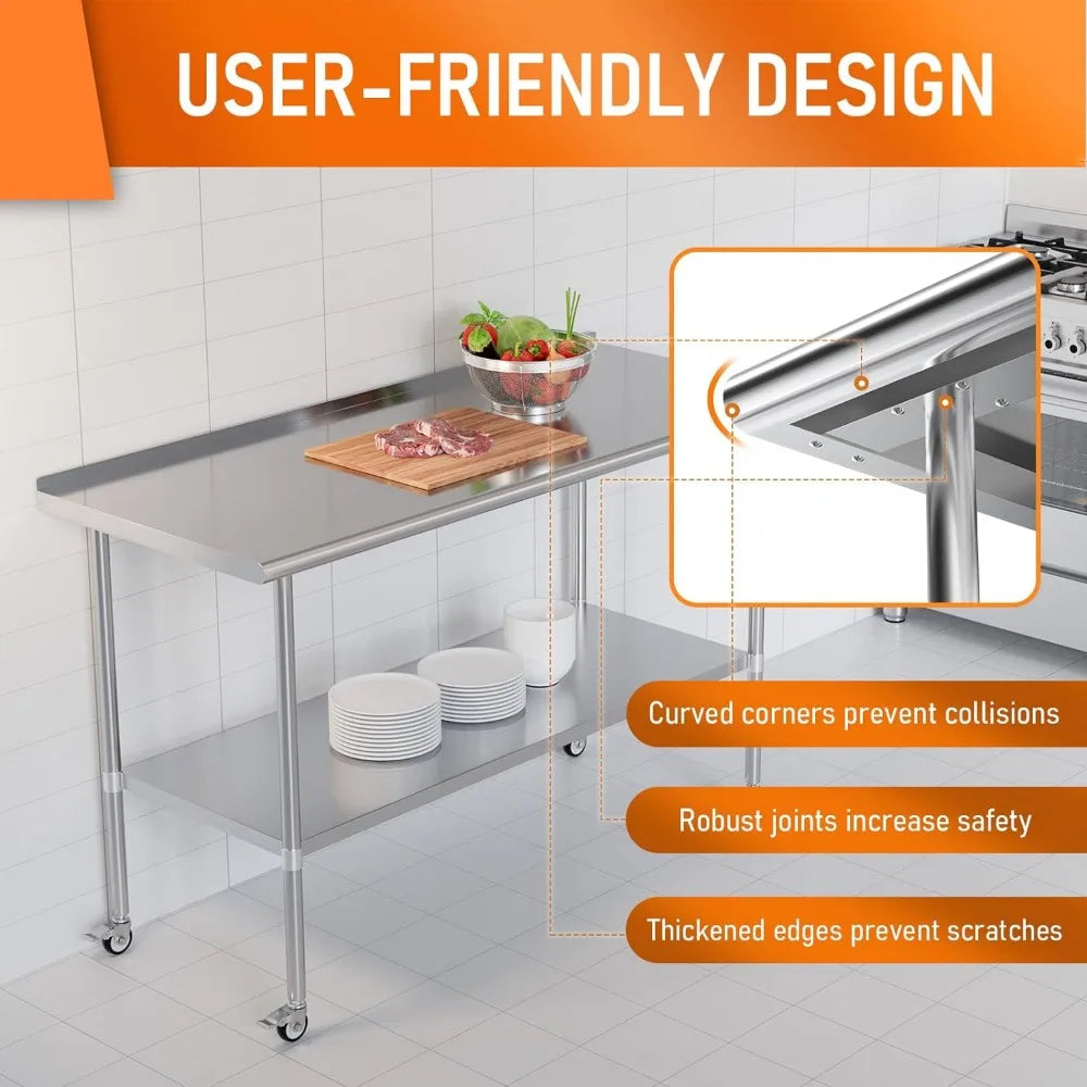 Stainless Steel Prep & Work Table with Adjustable Shelf, with Backsplash and Wheels, Kitchen Island