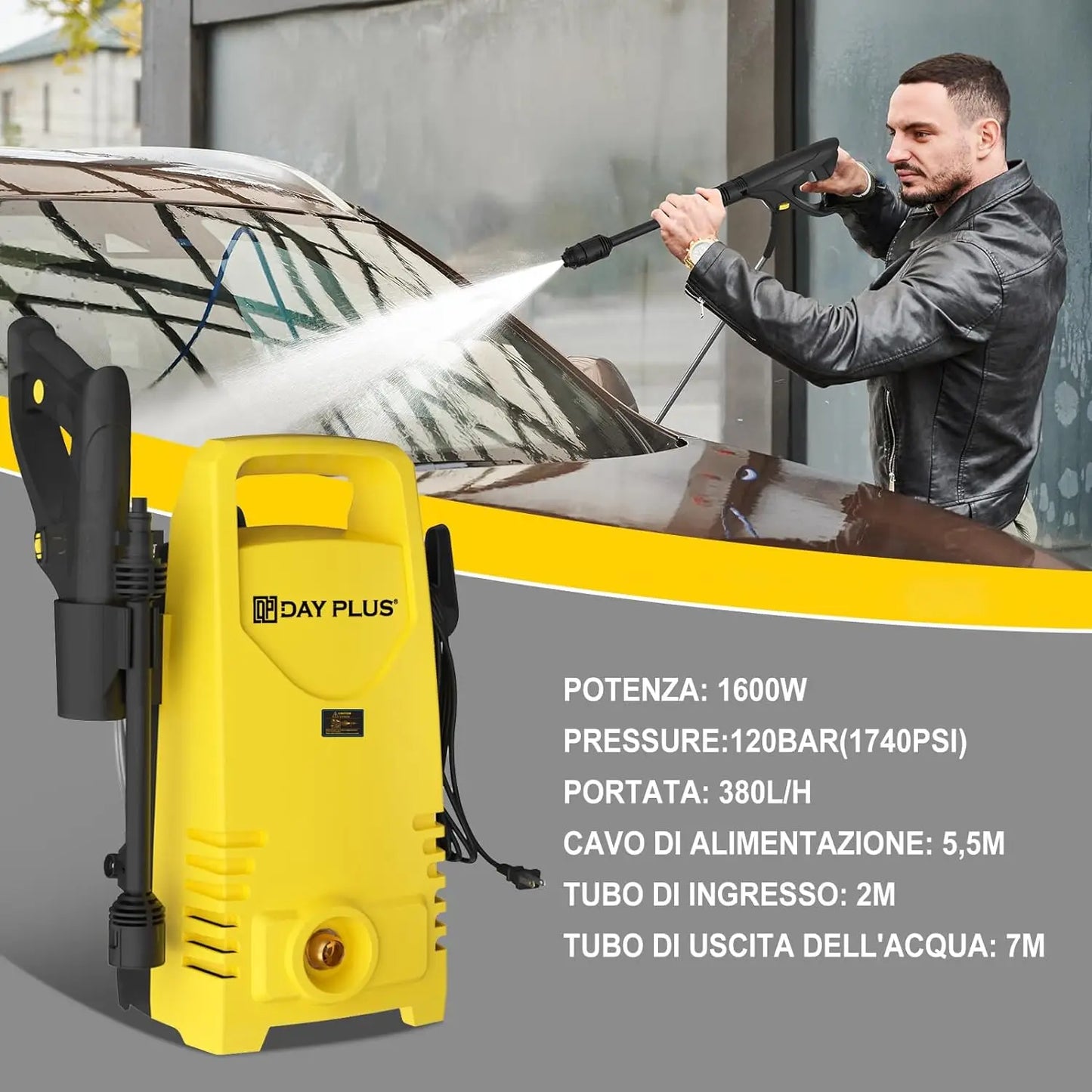 Electric High Pressure Washer 1600W,120bar,380l/h Adjustable Lance from 0 to 180°,7m Flexible Hose