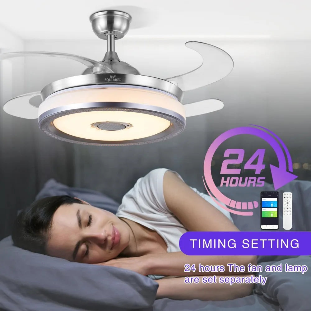 2024 Retractable Bluetooth Ceiling Fan w/Speaker, Retractable Fan w/ Light & Remote/APP Control