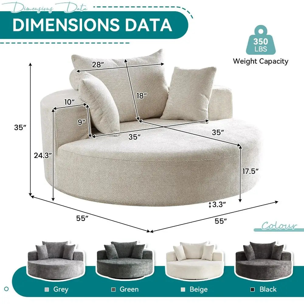 55"W Oversized Swivel Accent Chair,360 Degree Upholstered Chenille Swivel Barrel Chair,Comfy