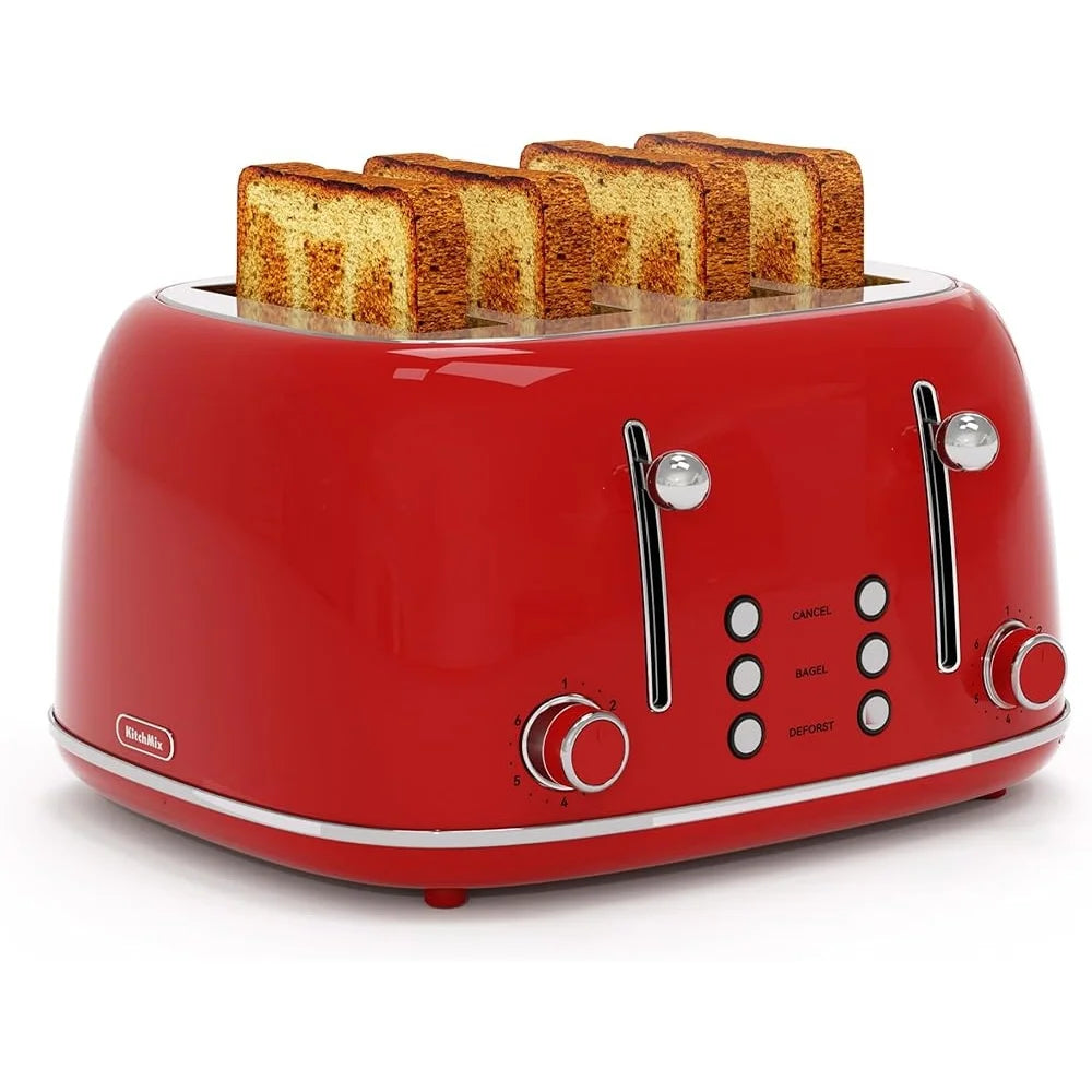 KITCHMIX 4 Slice Toaster Retro Design Stainless Steel 1.5" Slots 6 Levels Dual Controls Crumb Tray