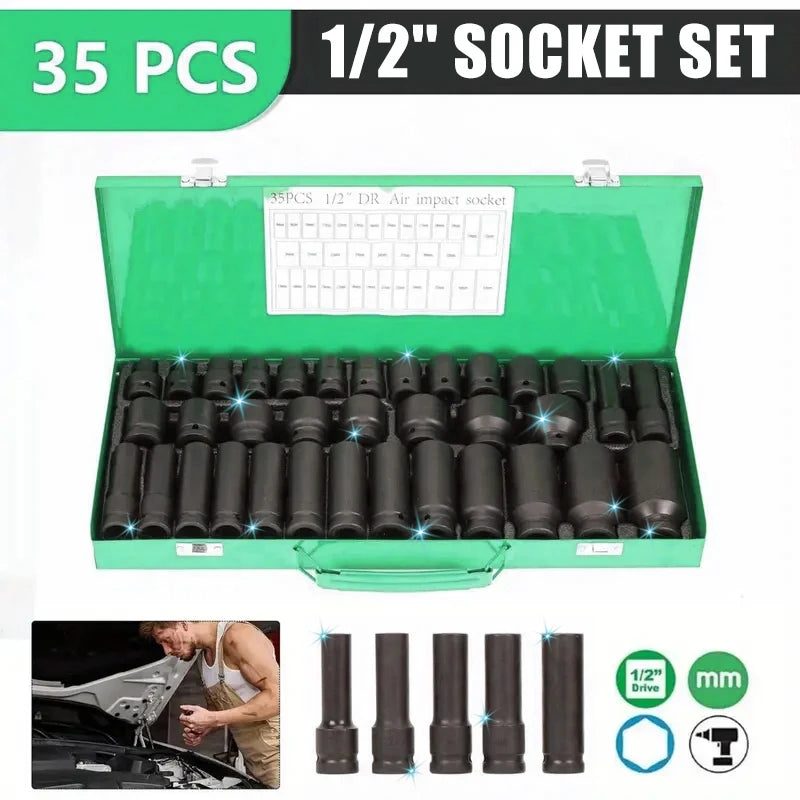 35pcs Professional Heavy-Duty 1/2" Pneumatic Tool Kit w/Air Gun, Hex Extensions, Rotary Tools