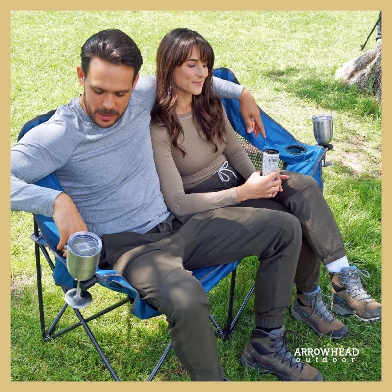 Arrowhead Outdoor Portable Folding Double Camping Chair Loveseat w/ 2 Cup & Wine Glass Holder