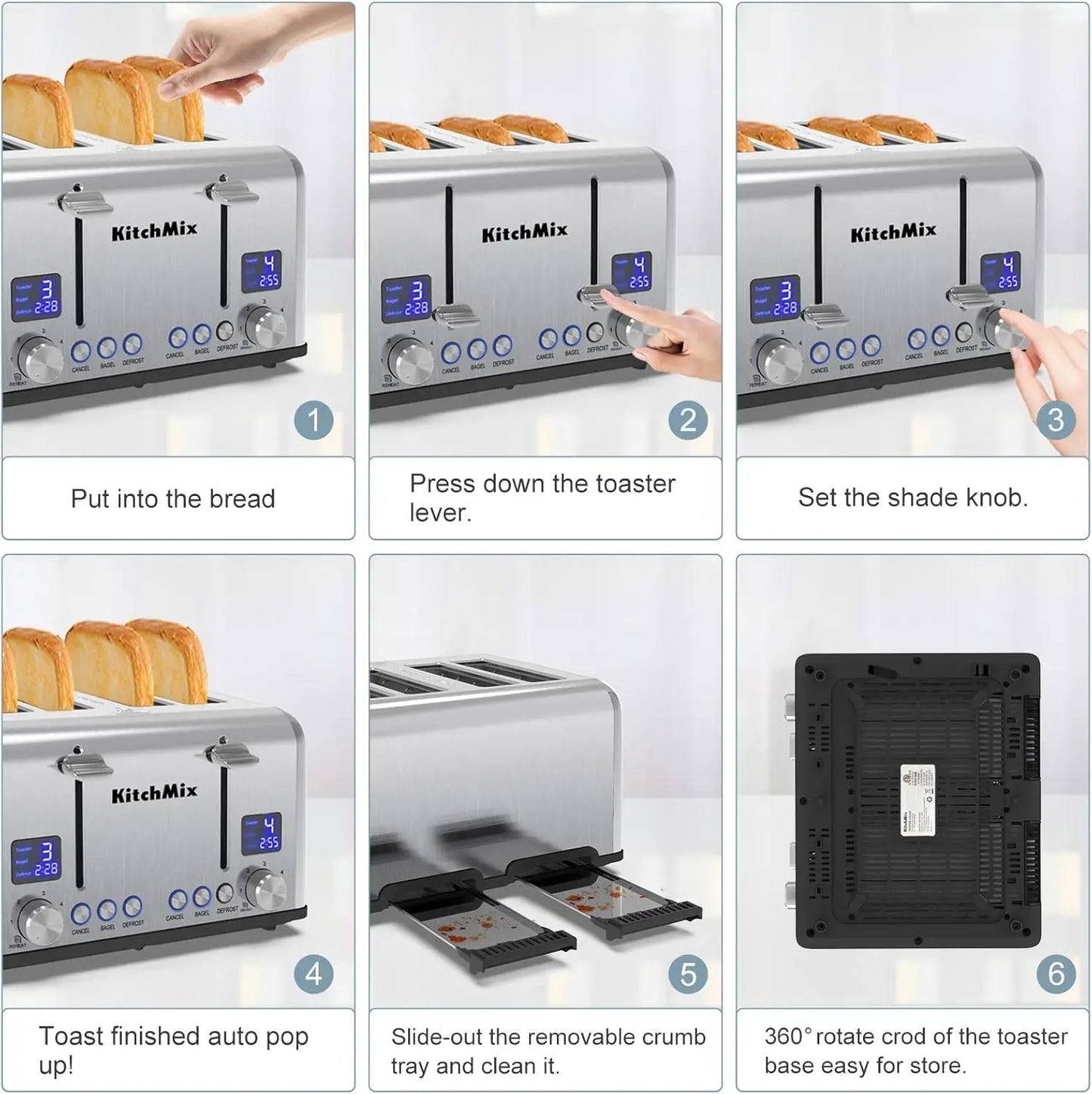 KITCHMIX Toaster 4 Slice, Bagel Stainless LCD Timer, Extra Wide Slots, Dual Screen,Crumb Tray