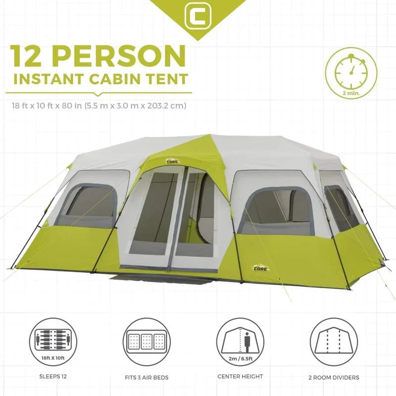 12 Person Instant Cabin Tent|3 Room Huge Tent for Family with Storage Pockets