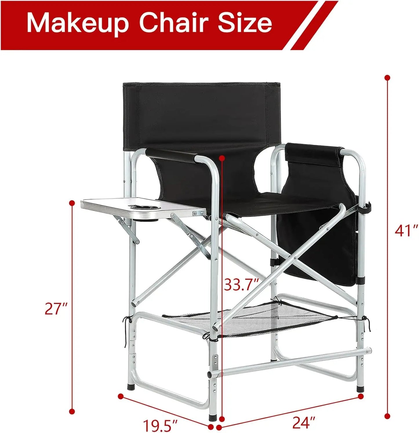 Tall Directors Chair For Makeup Artist Foldable Portable Client Chair With Side Table Cup Holder