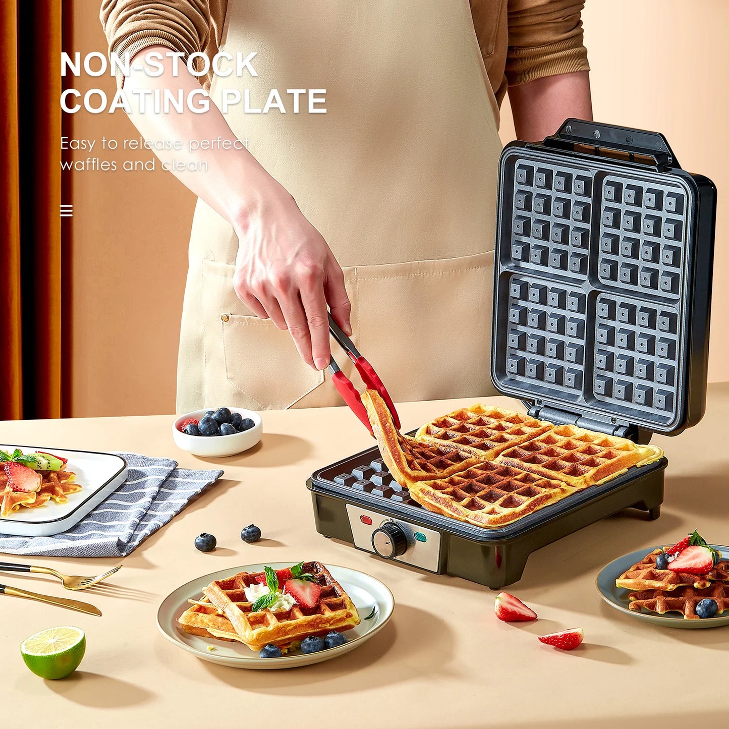 4-Slice Belgian Waffle Maker, 3 Browning Levels with Nonstick Square Waffle Iron Plates, 1200 Watts