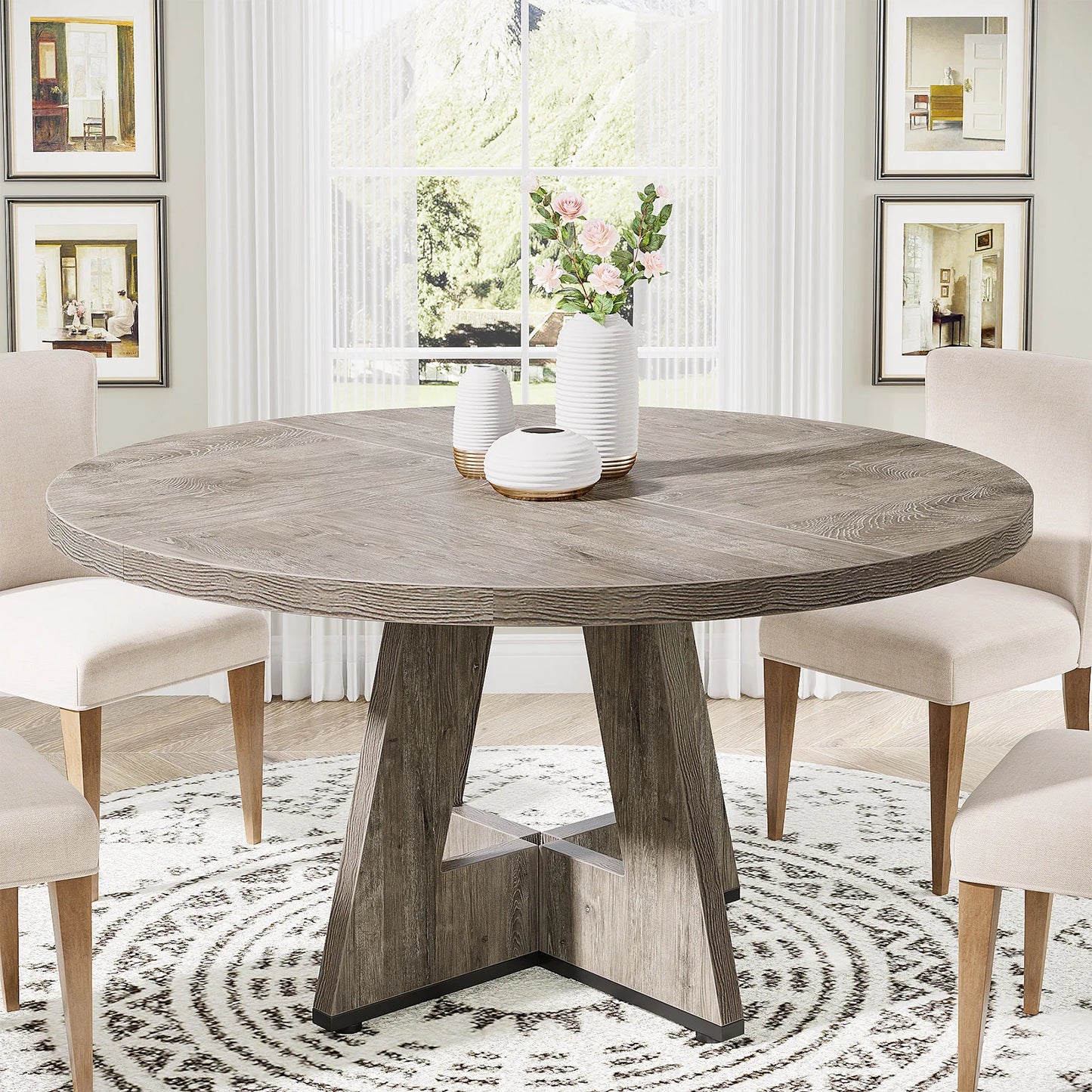 Tribesigns Round Dining Table for 4, 47 Inch Farmhouse Small Dinner Table Kitchen for Dining Room