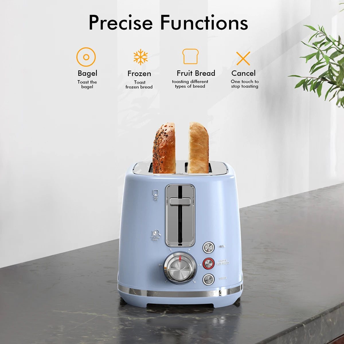 2 Slice Toaster w/1.5" Extra Wide Slots & Crumb Tray 6 Options Auto Shut Off & Frozen Function, Blue