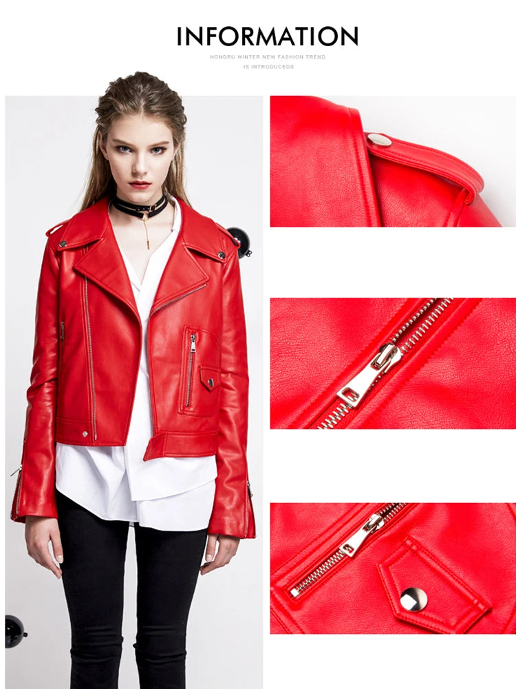 FTLZZ Women Faux Leathers Jacket Red Black Street Biker Coat Y2K Jacket Punk Cropped Motor Outwear