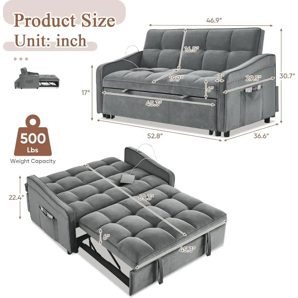 3 in 1 Sleeper Sofa Couch Bed w/USB & Type C Port, 52" Small Modern Loveseat Sofa w/Pull Out Bed