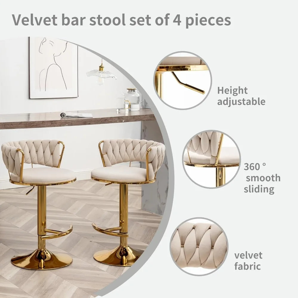 Gold Bar 4 Stools, Counter Height Bar Stools w/Low Back, Velvet Adjustable Height Barstool 360°